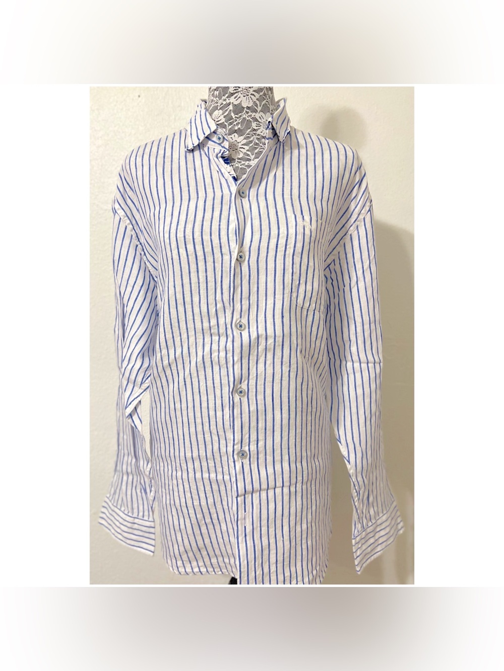 Men’s Tommy Bahama 100% Linen White Button-Down Shirt with Blue Vertical Stripes